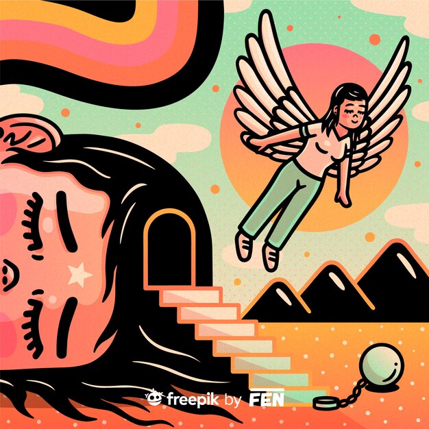 Ilustración de mujer joven escapando de su mente