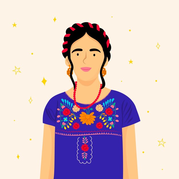 Ilustración de mujer plana dibujada a mano de cultura mexicana