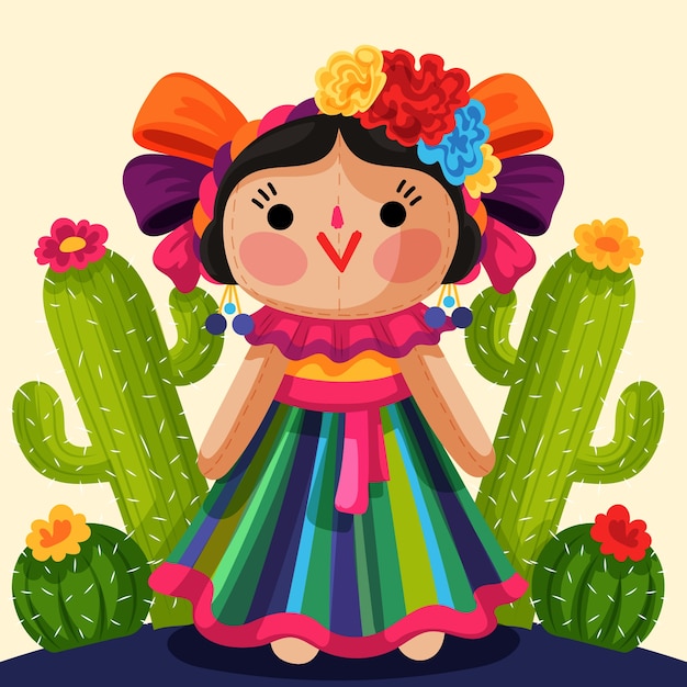 Ilustración de muñeca mexicana dibujada a mano