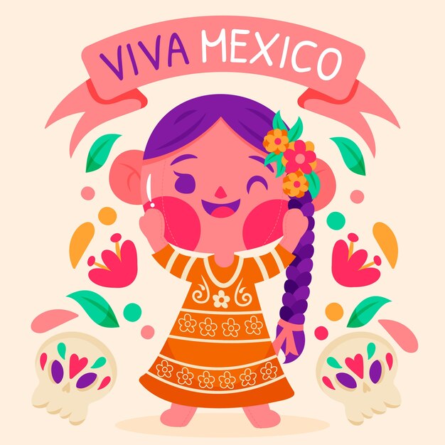 Ilustración de muñeca mexicana dibujada a mano