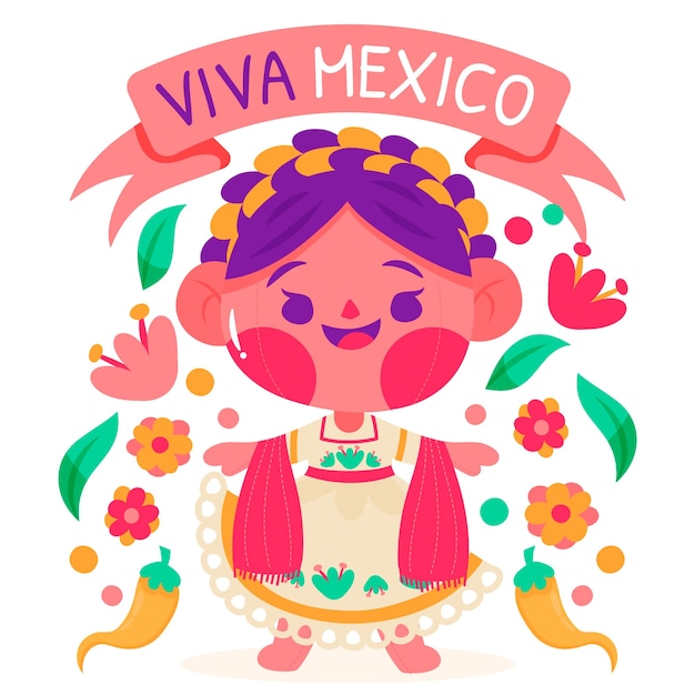 Ilustración de muñeca mexicana dibujada a mano
