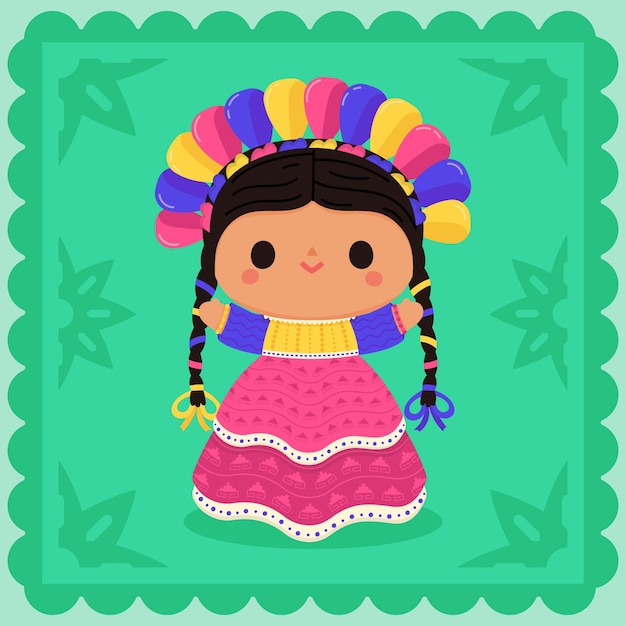 Ilustración de muñeca mexicana dibujada a mano