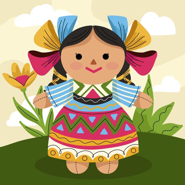 Ilustración de muñeca mexicana dibujada a mano