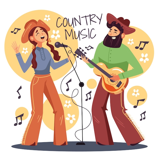 Ilustración de música country plana dibujada a mano