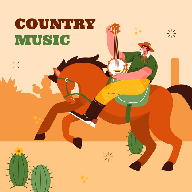 Ilustración de música country plana dibujada a mano