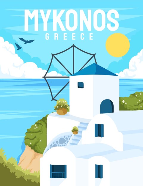 Ilustración de mykonos dibujada a mano