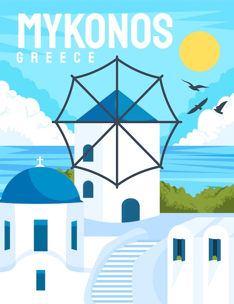 Ilustración de mykonos dibujada a mano