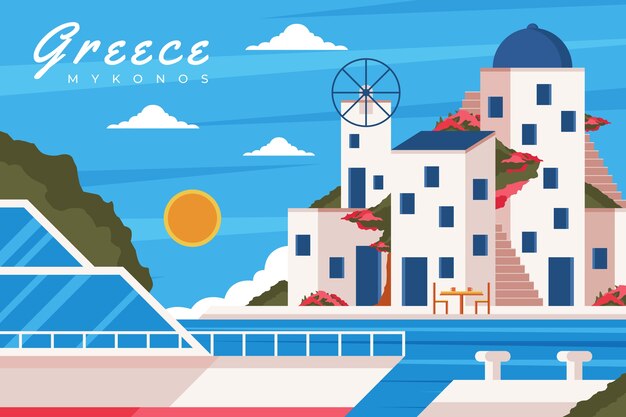 Ilustración de mykonos dibujada a mano