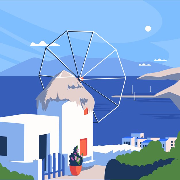 Ilustración de mykonos dibujada a mano
