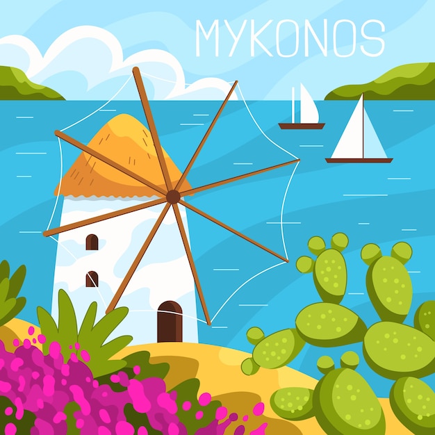 Ilustración de mykonos dibujada a mano