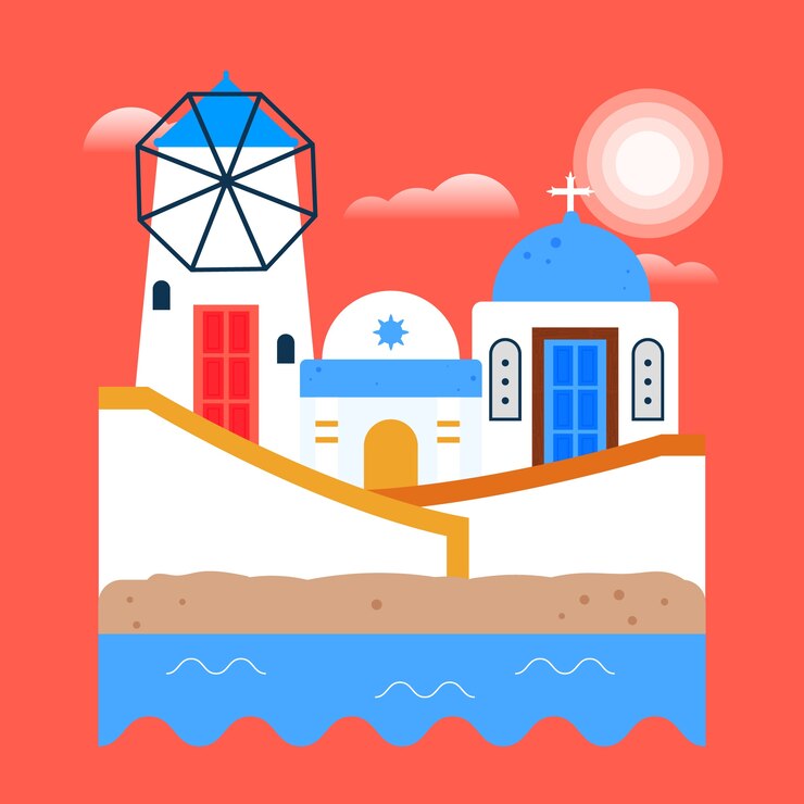 Vector gratuito ilustración de mykonos de diseño plano