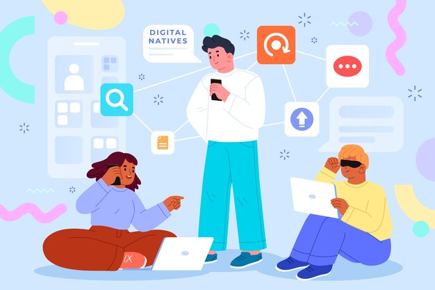 Ilustración de nativos digitales dibujados a mano.