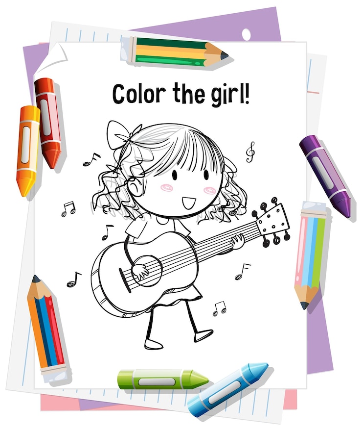 Vector gratuito ilustración de una niña colorida tocando la guitarra