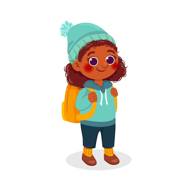 Ilustración de niña negra de dibujos animados con mochila