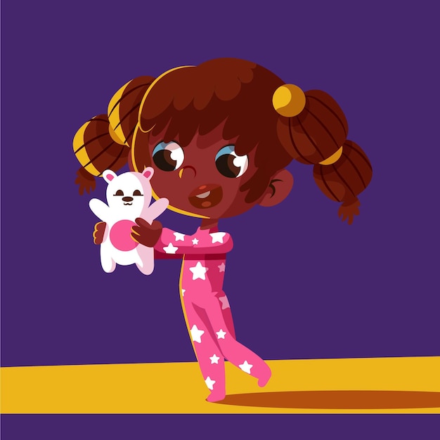 Vector gratuito ilustración de niña negra de dibujos animados con osito de peluche