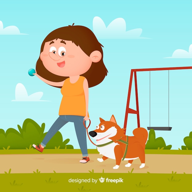 Vector gratuito ilustración con niña y perro en el parque