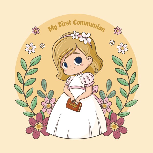 Ilustración de niña de primera comunión dibujada a mano