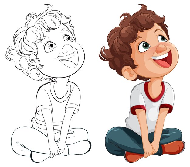 Ilustración de un niño alegre sentado y sonriente