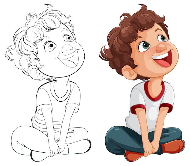 Ilustración de un niño alegre sentado y sonriente