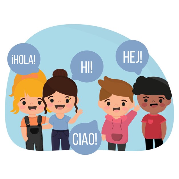 Ilustración con niños hablando un idioma diferente