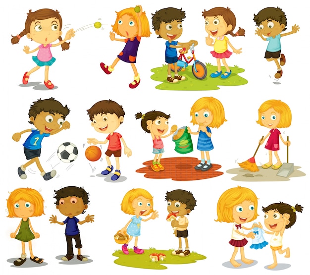 Ilustración de los niños haciendo diferentes deportes y actividades