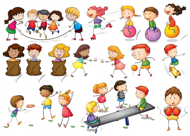 Ilustración de los niños jugando y haciendo actividades
