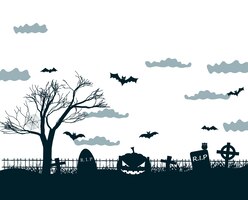 Vector gratis ilustración de la noche de halloween en colores negro, blanco y gris con cruces de cementerio oscuras, árboles muertos, calabazas sonrientes y murciélagos