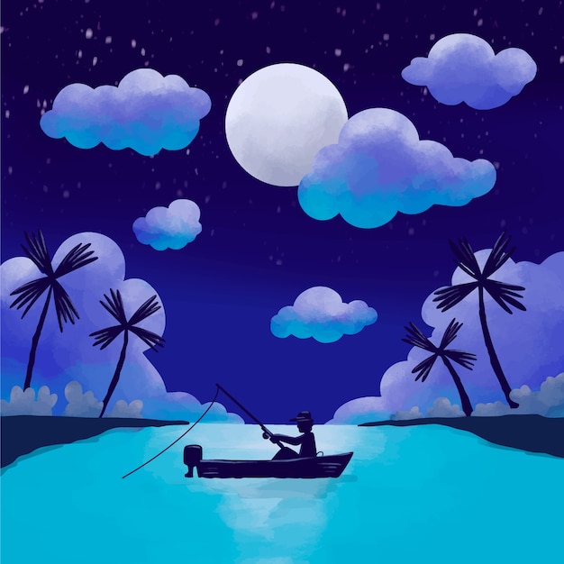 Ilustración de noche de verano acuarela con barco de pesca