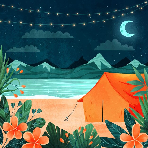 Ilustración de noche de verano acuarela