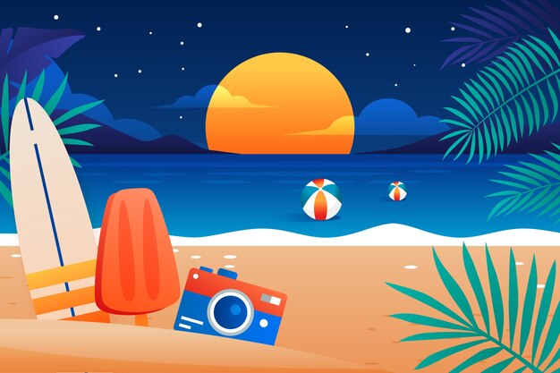 Ilustración de noche de verano degradado con playa y cámara