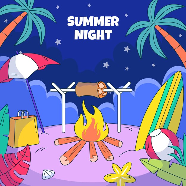 Vector gratuito ilustración de noche de verano dibujada a mano con hoguera y comida