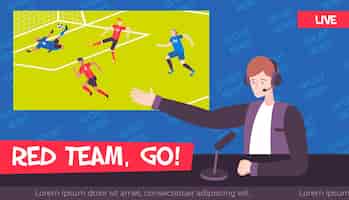 Vector gratuito ilustración de noticias deportivas en estilo plano con carácter de locutor de televisión y juego de fútbol.