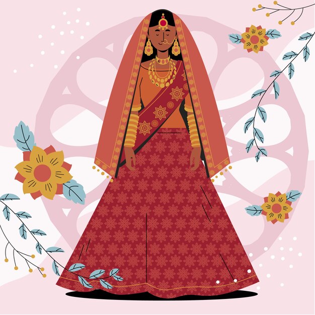 Ilustración de novia india dibujada a mano