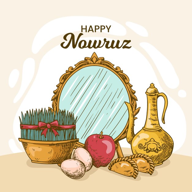 Ilustración de nowruz feliz dibujada a mano con brotes y espejo