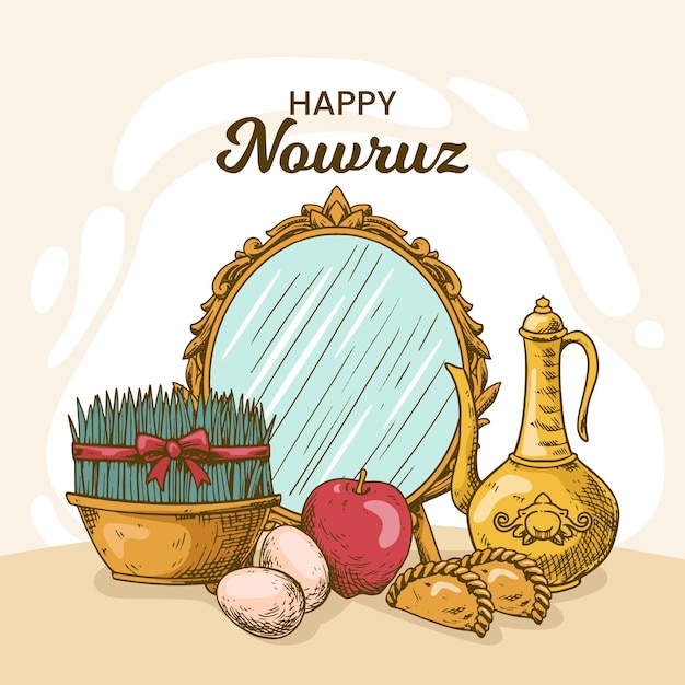 Ilustración de nowruz feliz dibujada a mano con brotes y espejo