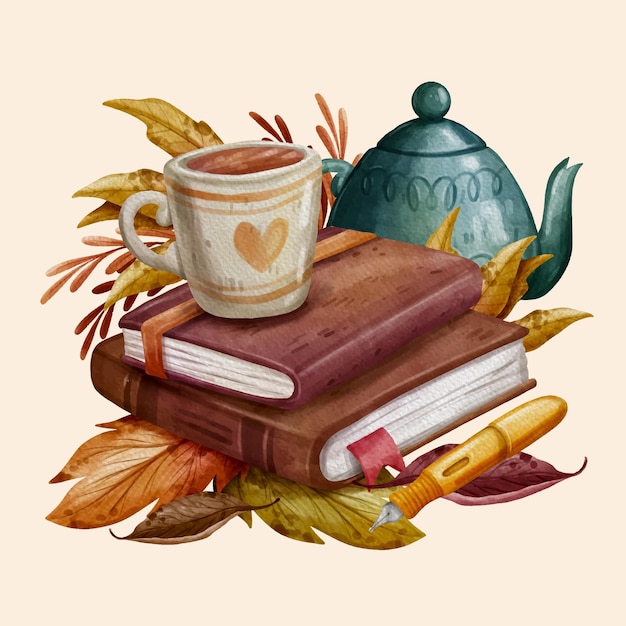Ilustración de otoño acuarela con libro y taza