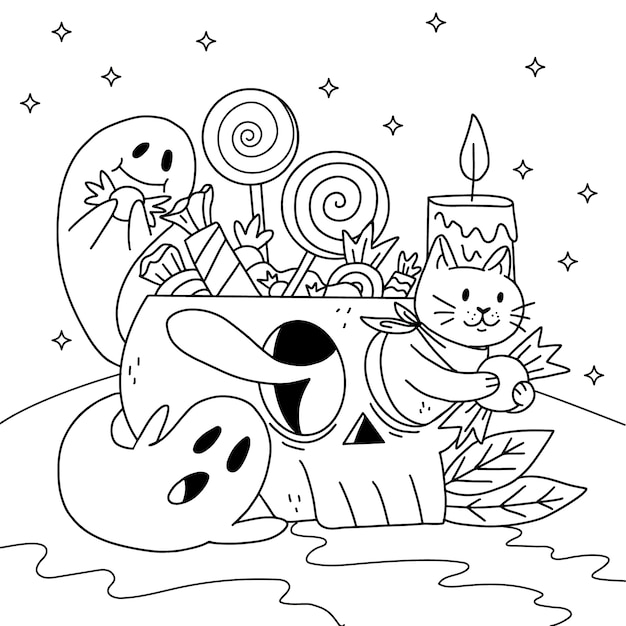 Ilustración de página para colorear dibujada a mano para la celebración de halloween