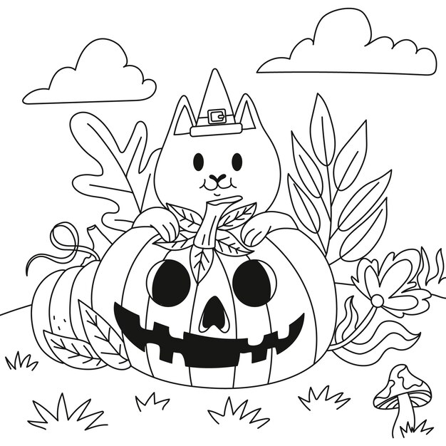 Ilustración de página para colorear dibujada a mano para la celebración de halloween