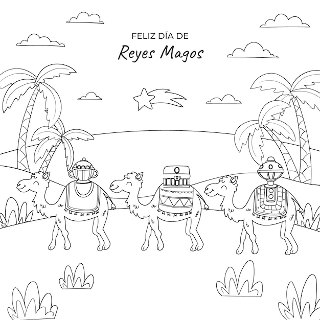 Ilustración de página de colorear dibujada a mano para reyes magos