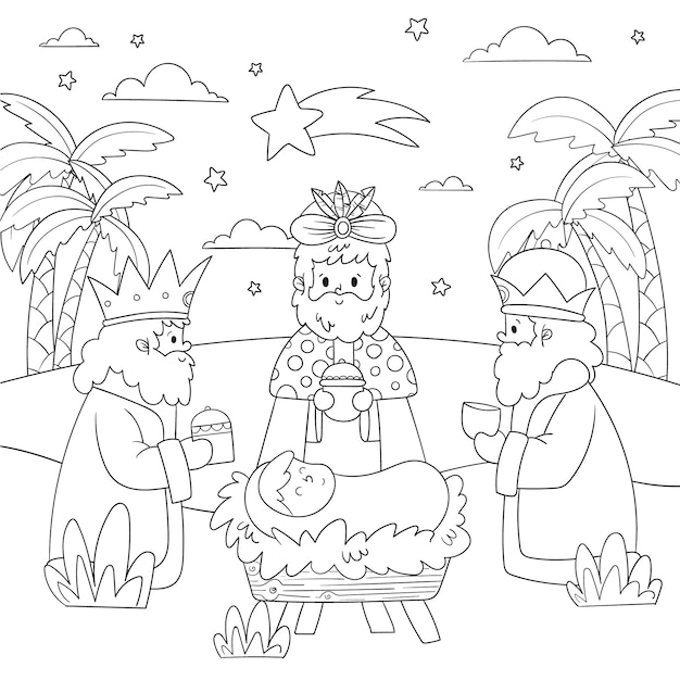 Ilustración de página de colorear dibujada a mano para reyes magos
