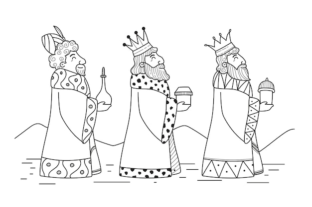 Ilustración de página de colorear dibujada a mano para reyes magos