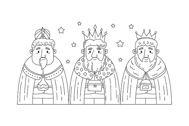 Vector gratuito ilustración de página de colorear dibujada a mano para reyes magos