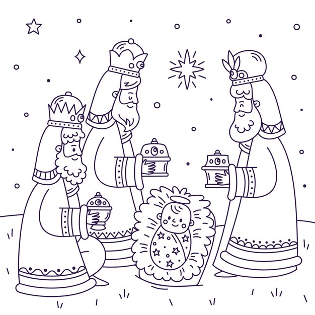 Ilustración de página para colorear dibujada a mano para reyes magos