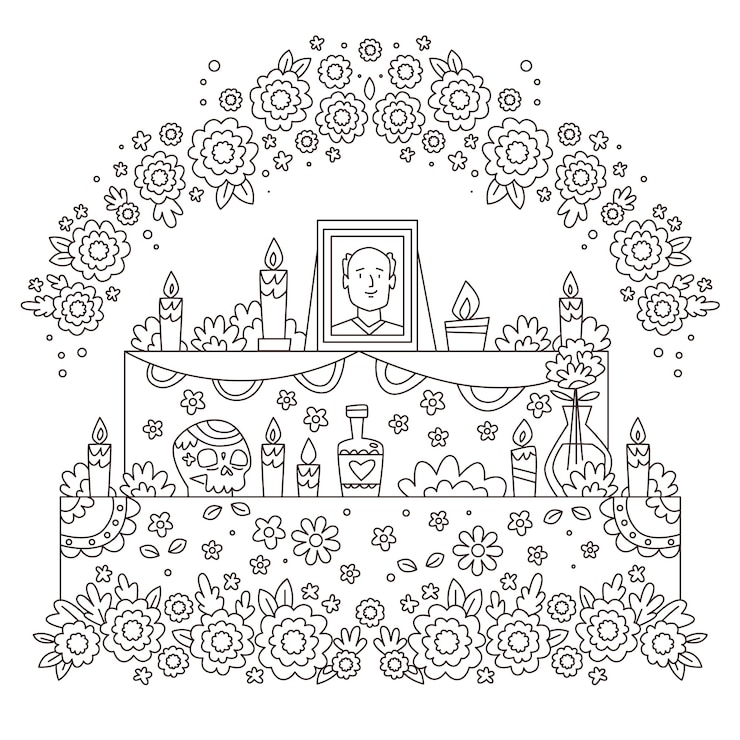 Vector gratuito ilustración de página para colorear dibujado a mano dia de muertos altar