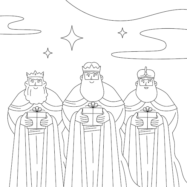 Ilustración de página de colorear plana para reyes magos