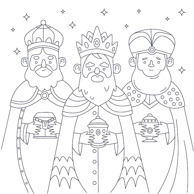 Ilustración de la página de colorear de los reyes magos planos