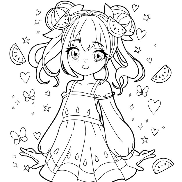 Ilustración de páginas para colorear de anime dibujadas a mano