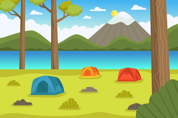 Ilustración de paisaje de área de camping con carpas