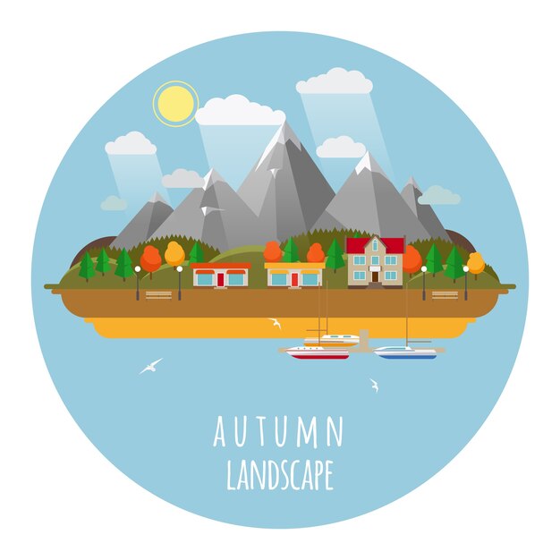Ilustración de paisaje de caída plana con nubes, árboles y gaviotas. Sol y cielo, montañas y otoño