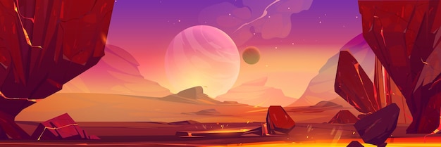 Ilustración de paisaje espacial con rocas rojas